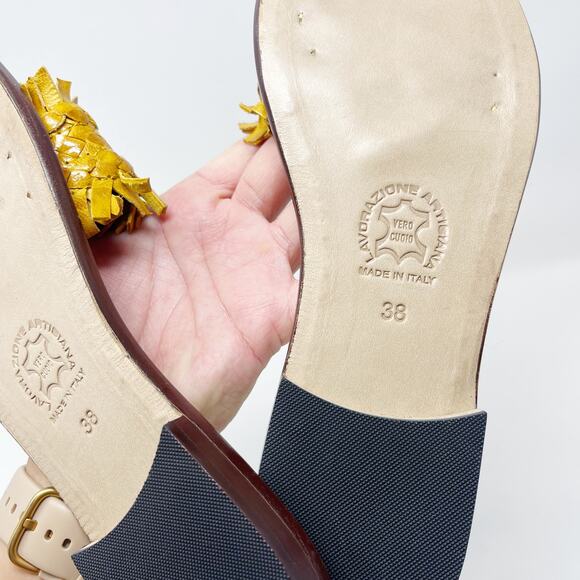 Da Costanzo Capri Womens Size 38 Yellow Fringe Flat Sandals Leather Open Toe - Picture 9 of 10
